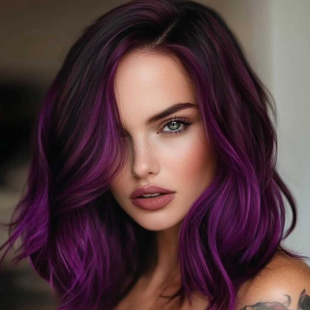 Bold and Beautiful: Effortlessly Chic Wavy Lob with Vibrant Purple Highlights