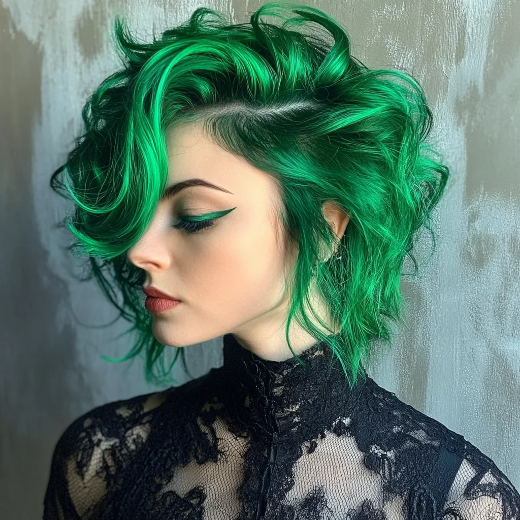 Bold and Vibrant: Embrace the Edgy Curly Green Bob Hairstyle