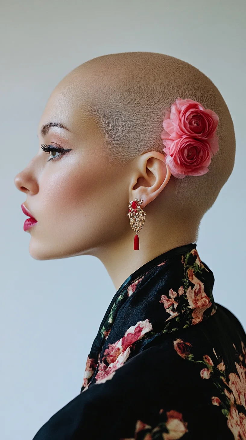 Bold Elegance: The Chic Bald Look Enhanced with Floral Accents