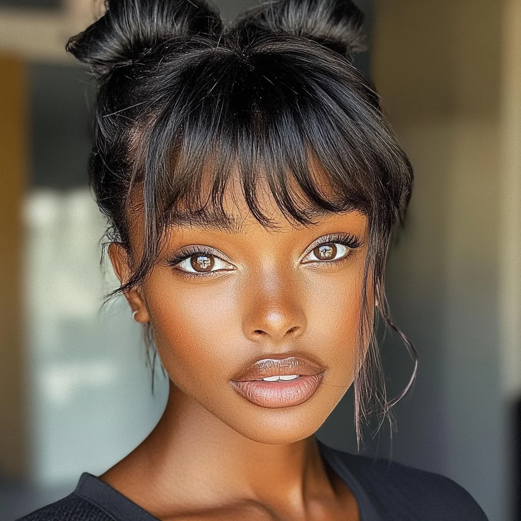 Chic Dual Buns with Wispy Bangs – A Perfect Blend of Fun and Sophistication