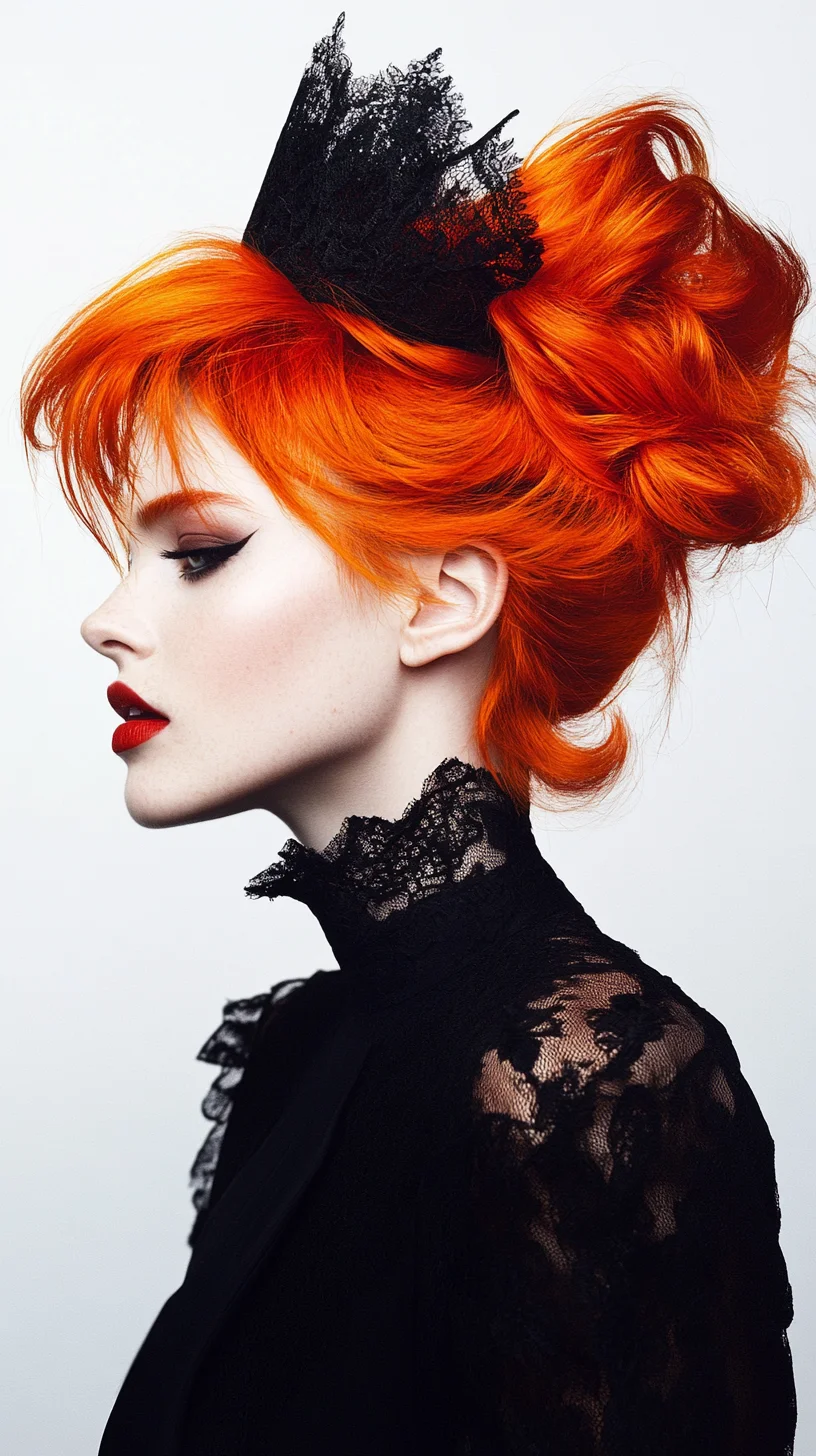 Effortlessly Chic: Bold Orange Updo with Intricate Lace Accents