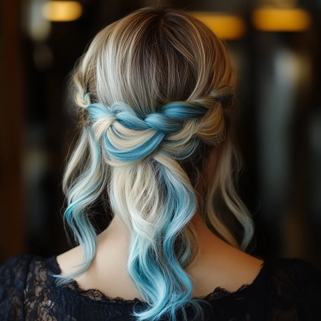 Effortlessly Chic Braided Half-Updo with Vibrant Aqua Highlights