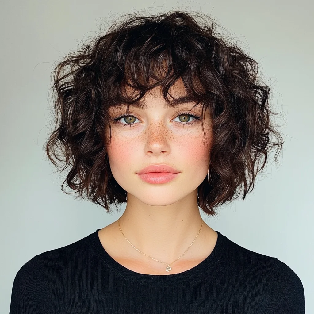 Effortlessly Chic Curly Bob with Flirty Bangs for a Fresh Look