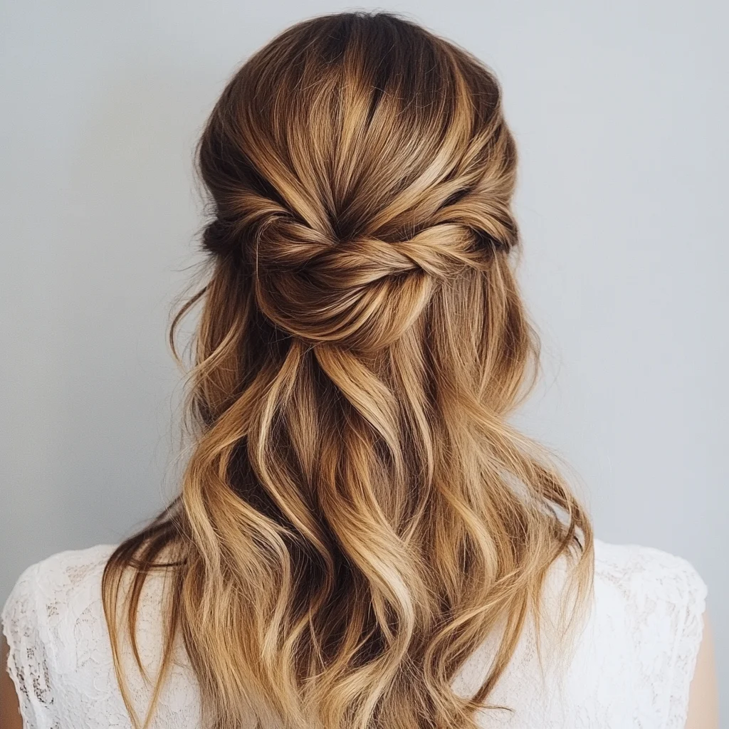 Effortlessly Chic Half-Up Twist with Glamorous Waves