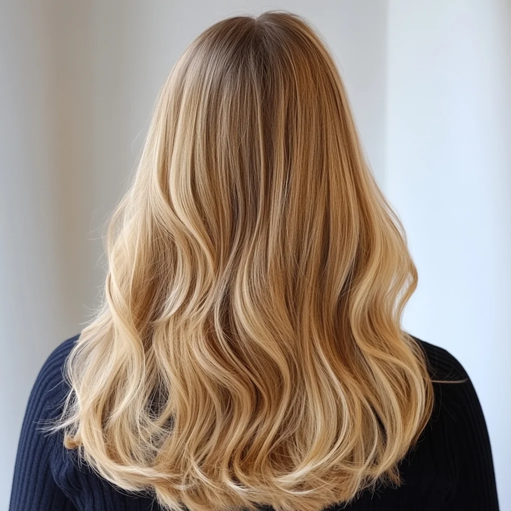 Effortlessly Chic: Long, Flowing Waves with Sun-Kissed Highlights