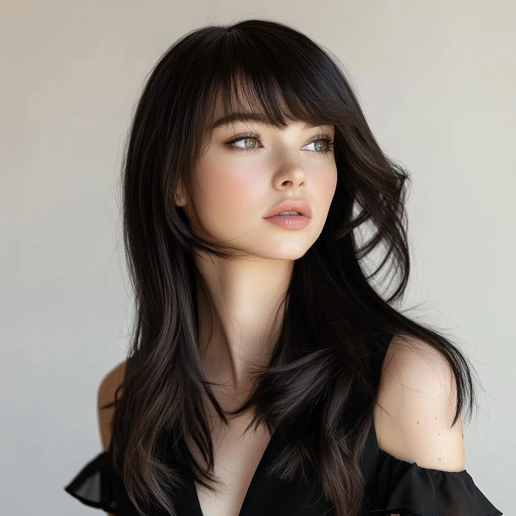 Effortlessly Chic: Long Layers with Soft Bangs for a Flawless Finish