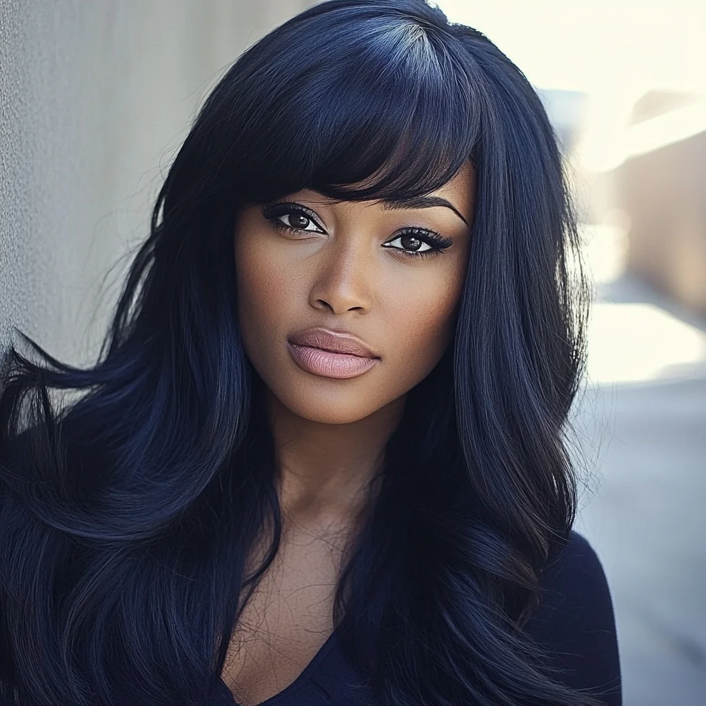 Effortlessly Chic: Long, Sleek Waves with Flattering Bangs