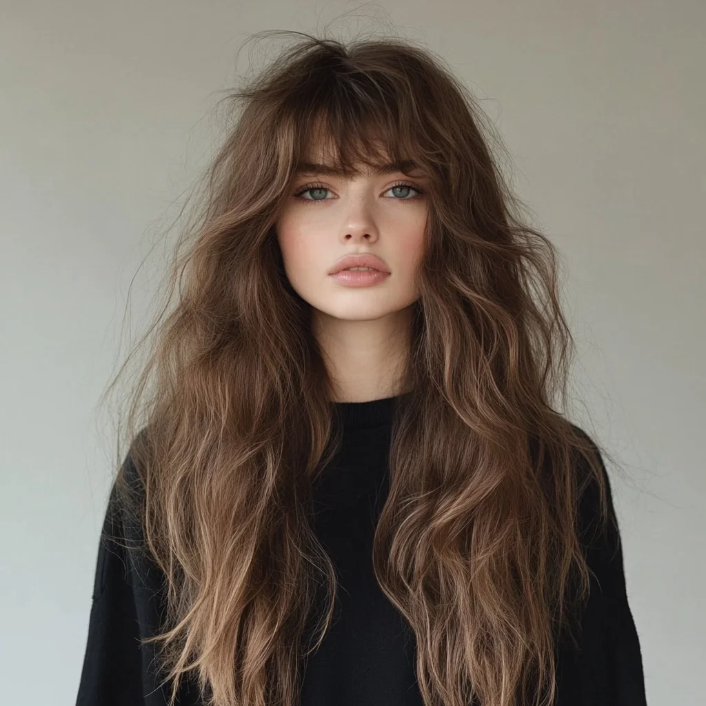 Effortlessly Chic: The Textured Long Hair with Blunt Bangs