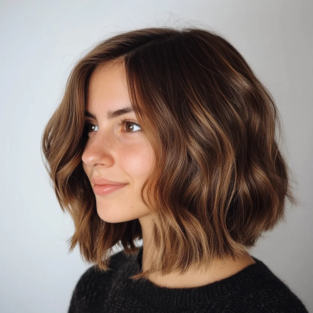 Effortlessly Chic: The Tousled Lob with Warm Highlights