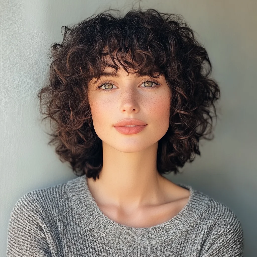 Effortlessly Chic: The Voluminous Curly Bob with Soft Bangs