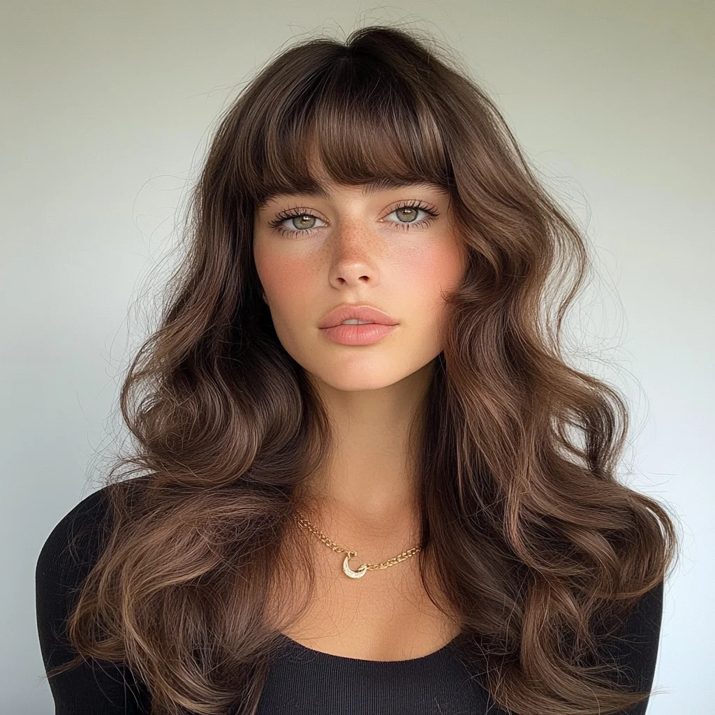 Effortlessly Chic: Voluminous Waves with Face-Framing Bangs