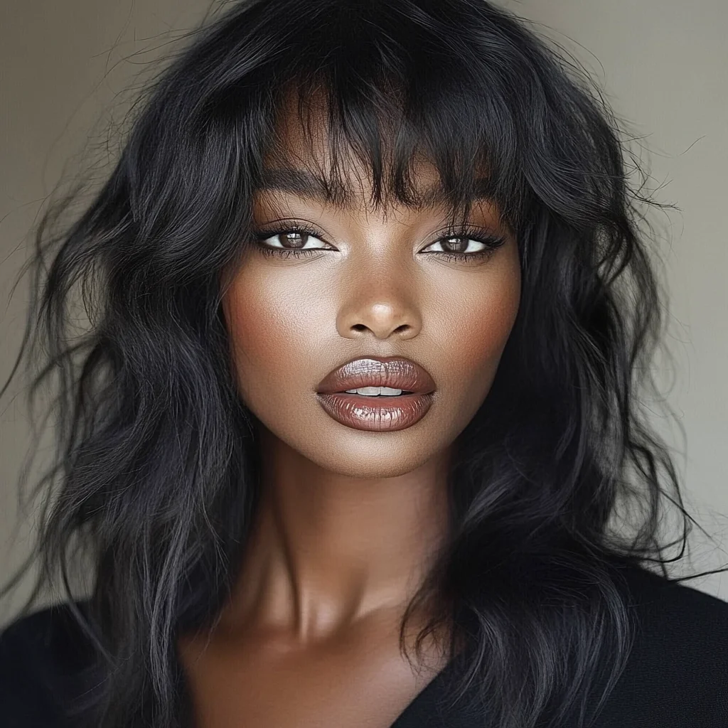 Effortlessly Chic Waves with Face-Framing Bangs: A Timeless Look