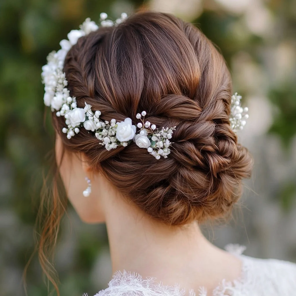 Effortlessly Elegant Braided Updo Adorned with Floral Accents