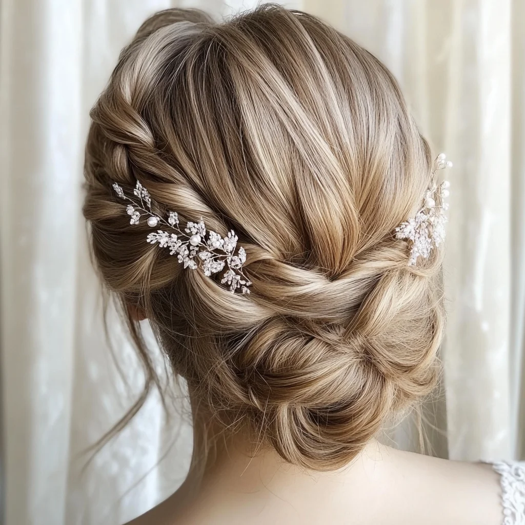 Effortlessly Elegant Braided Updo with Delicate Floral Accents