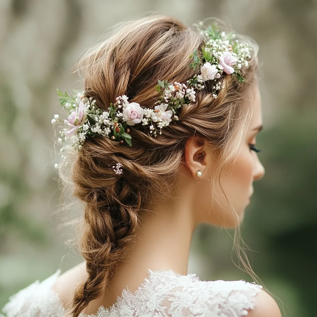 Effortlessly Elegant Braided Updo with Floral Accents