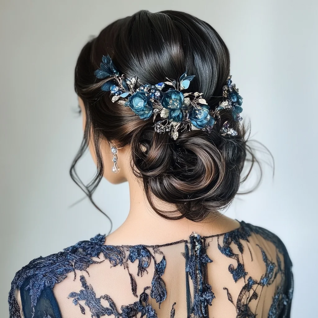 Effortlessly Elegant Updo with Dazzling Floral Accents