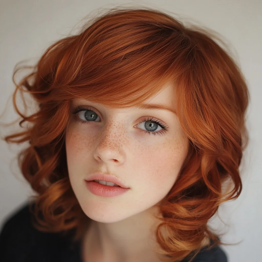 Effortlessly Glam: The Chic Red Curls with Soft Bangs