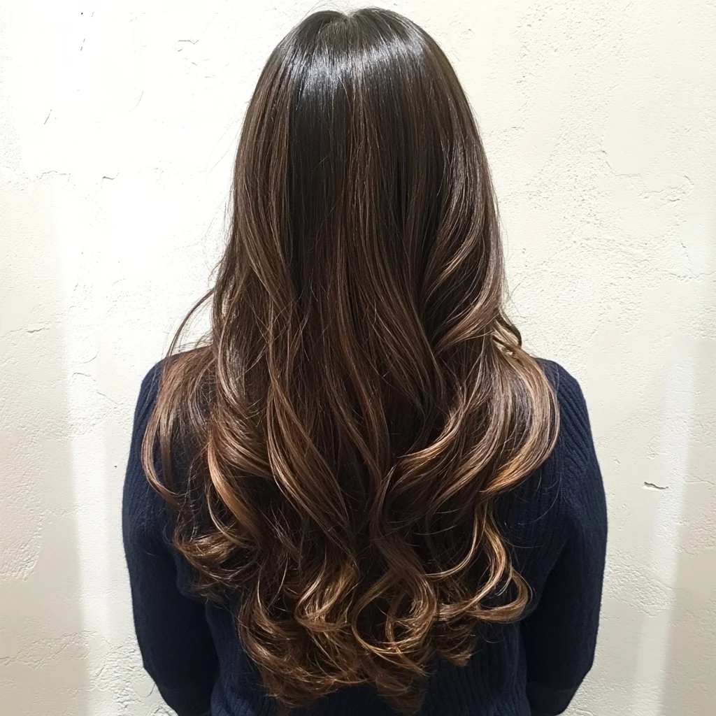 Effortlessly Glamorous: Cascading Curls with a Sun-Kissed Ombre Glow