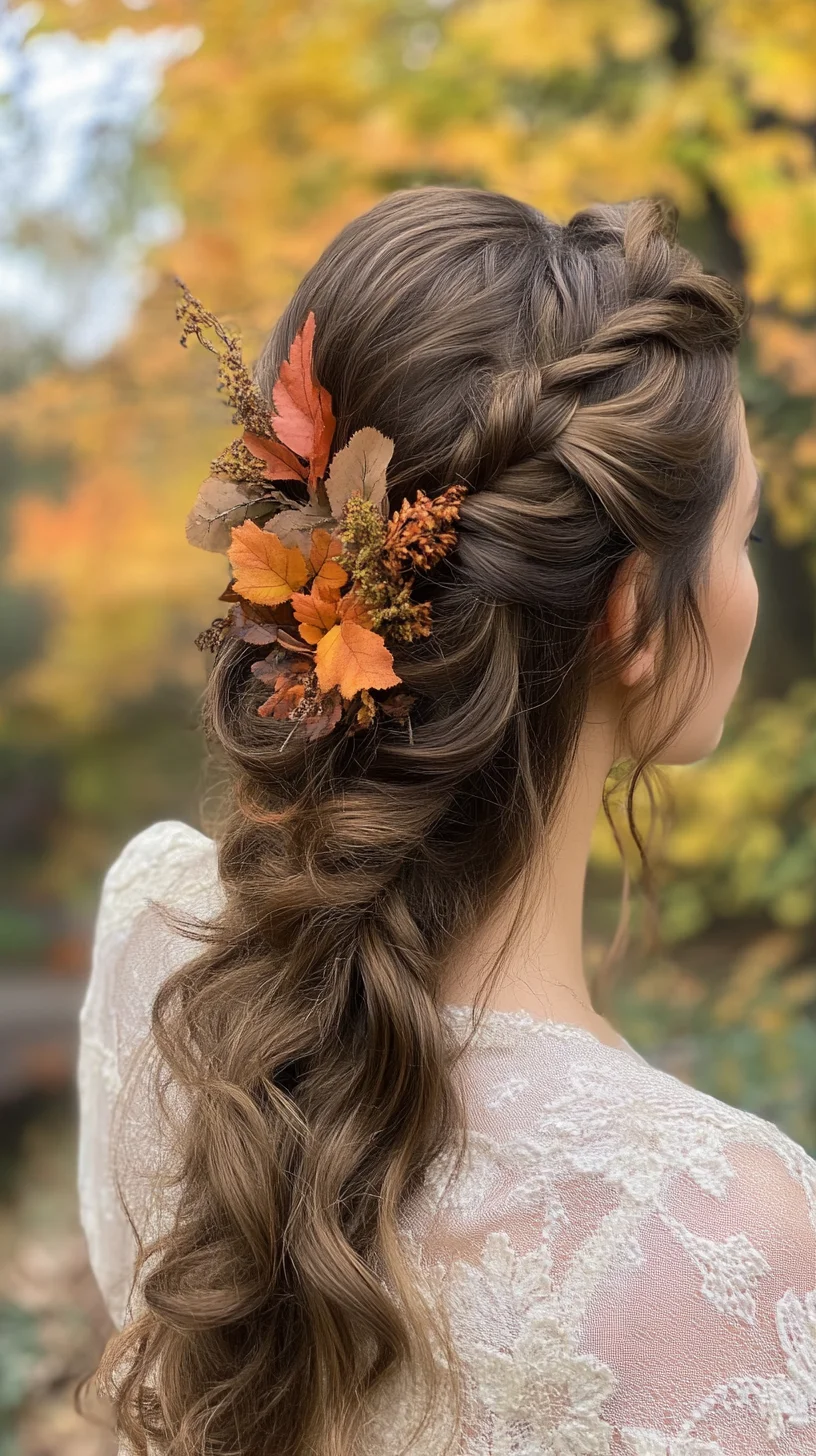 Effortlessly Romantic: A Braided Hairstyle Adorned with Autumn Leaves