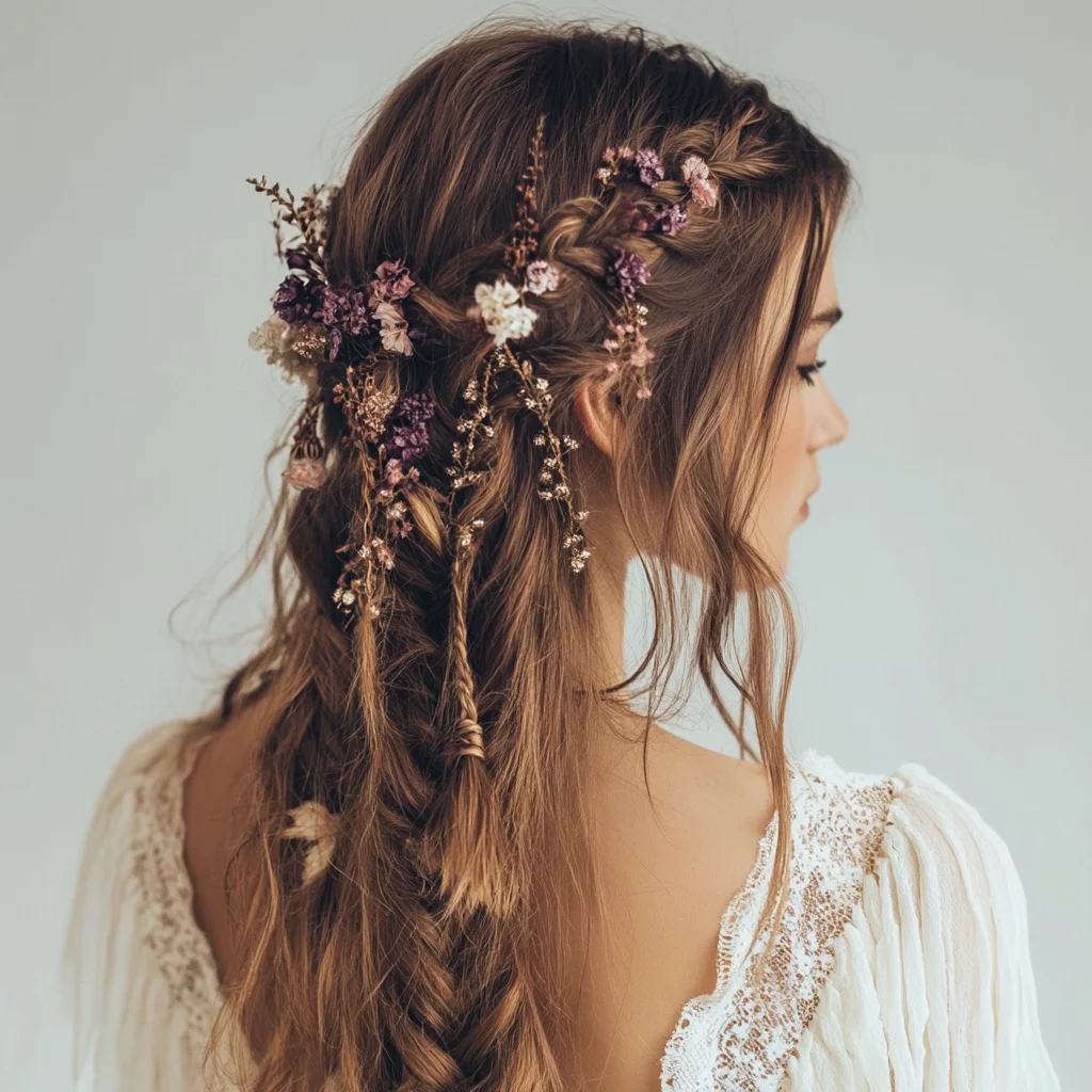 Effortlessly Romantic: Boho-Inspired Braids Adorned with Floral Accents