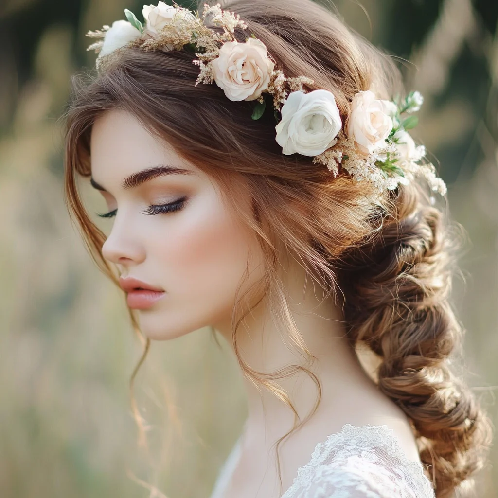 Effortlessly Romantic Braided Updo with Floral Accents