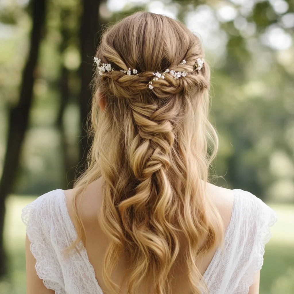 Effortlessly Romantic Half-Up Style with Intricate Braiding and Floral Accents