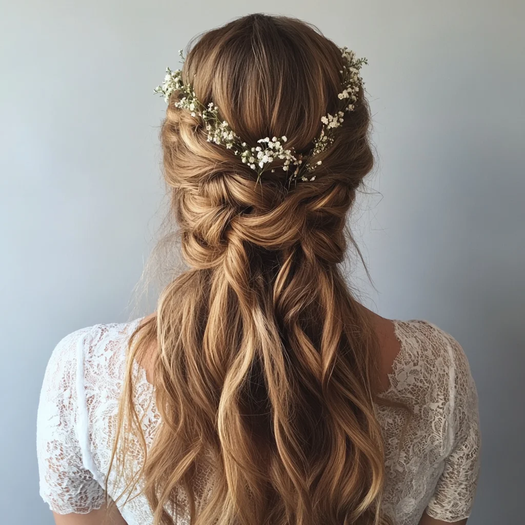 Effortlessly Romantic Half-Up Twist with Floral Accents