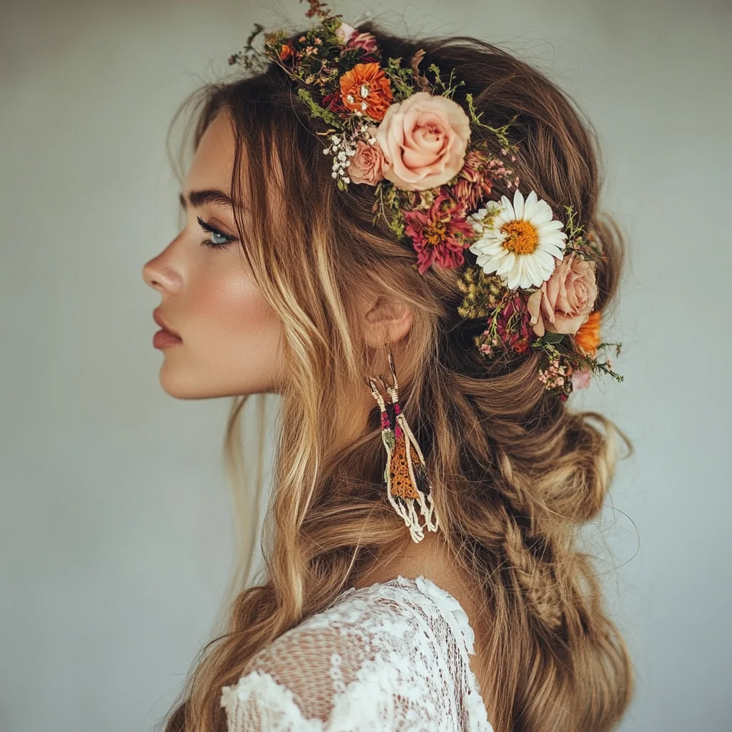 Effortlessly Romantic: The Perfect Bohemian Floral Crown Hairstyle