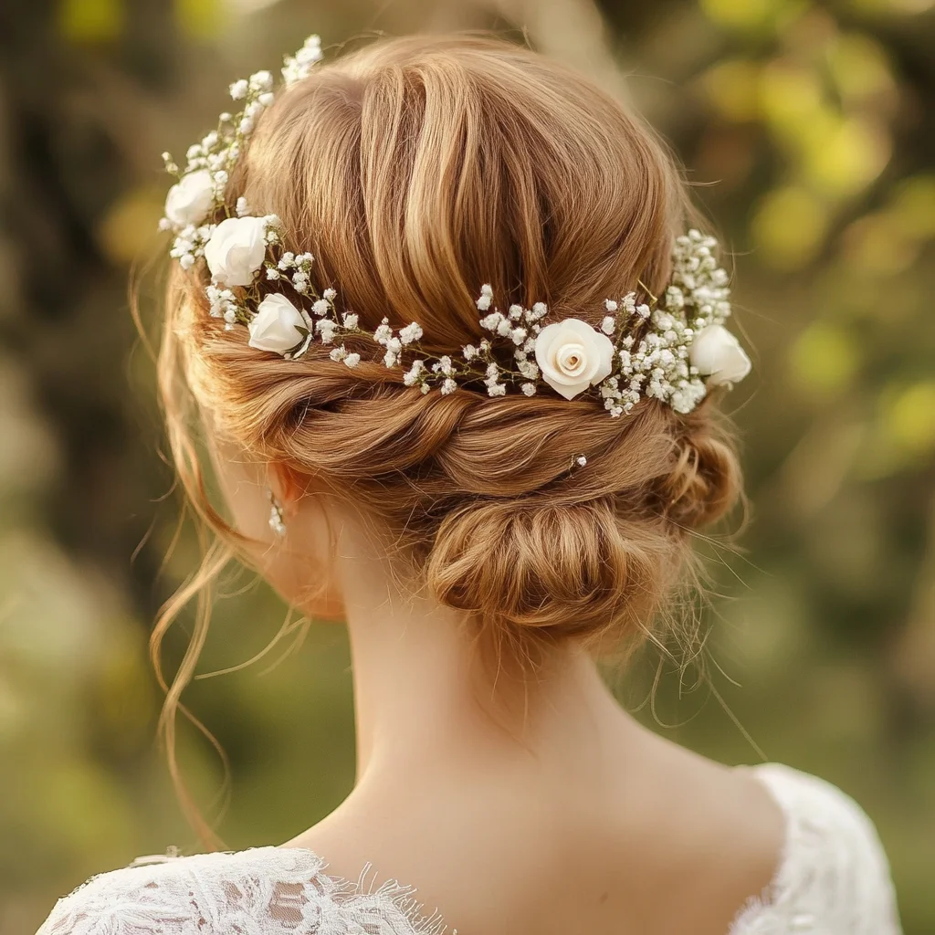 Elegant Bohemian Updo with Floral Accents for a Romantic Look