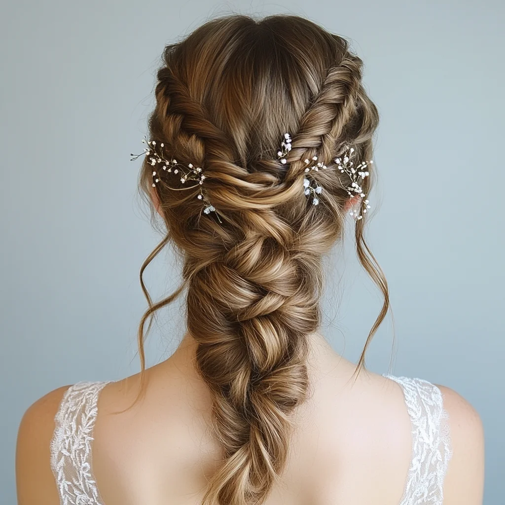 Elegant Braided Updo with Delicate Floral Accents for a Romantic Look