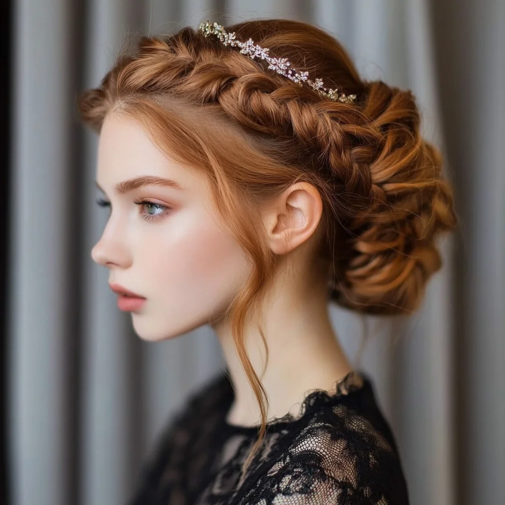 Elegant Braided Updo with Floral Accents: A Timeless Classic