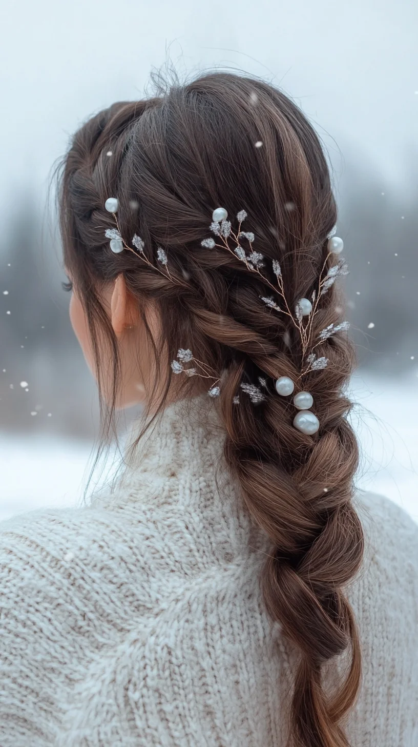 Elegant Braided Updo with Pearl Accents for a Winter Wonderland Look