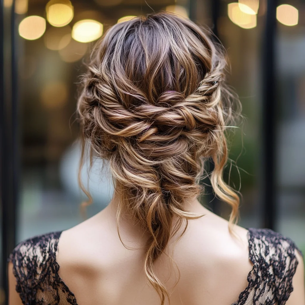 Elegant Braided Updo with Soft Waves for a Romantic Look