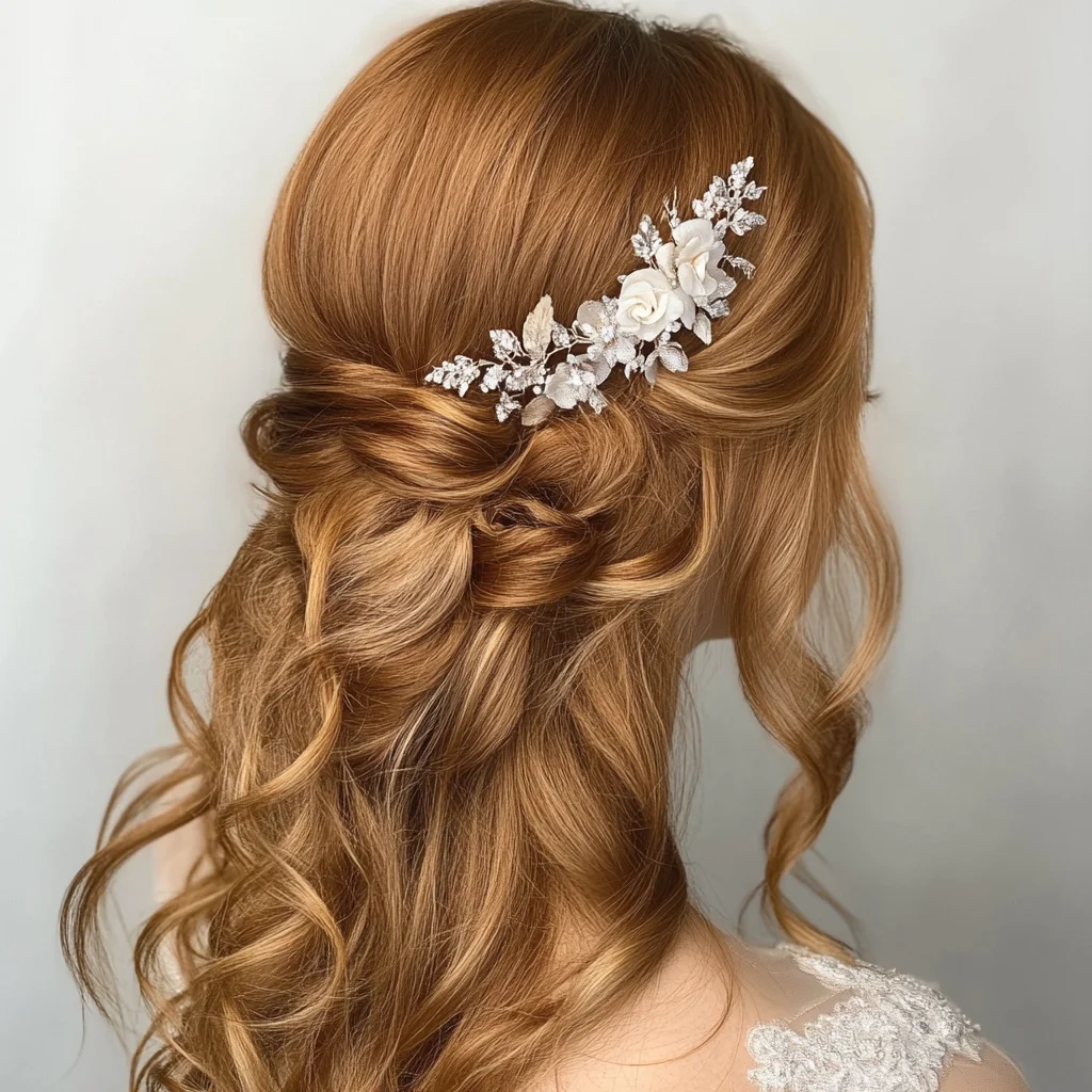 Elegantly Romantic Half-Up Hairstyle Adorned with Floral Accents