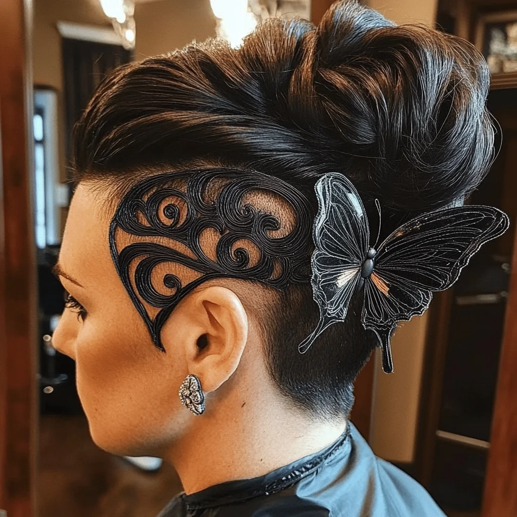 Elevate Your Look with a Bold, Artistic Undercut Updo Featuring Intricate Designs