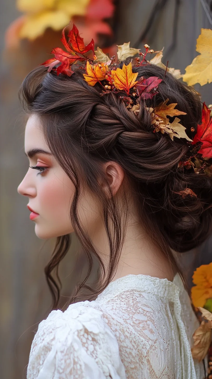 Embrace Autumn: Effortless Braided Updo Adorned with Fall Foliage