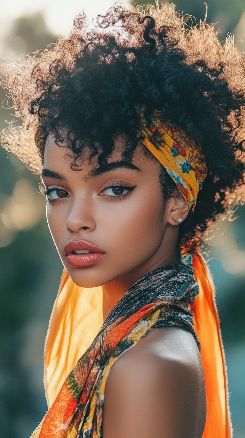 Embrace Beautiful Volume: The Effortlessly Chic Curly Updo with a Vibrant Headscarf