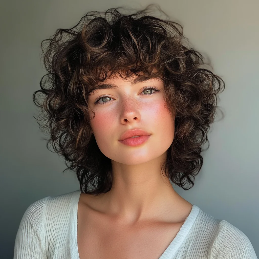 Embrace Effortless Chic: The Playful Curly Bob with Face-Framing Bangs