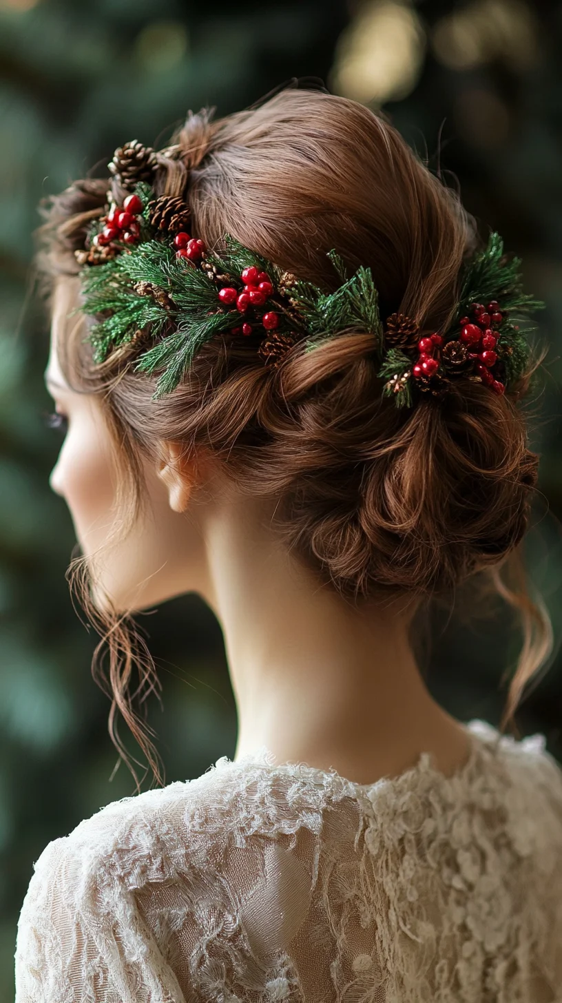 Embrace Elegance with a Holiday-Inspired Twisted Updo Adorned with Nature's Touch