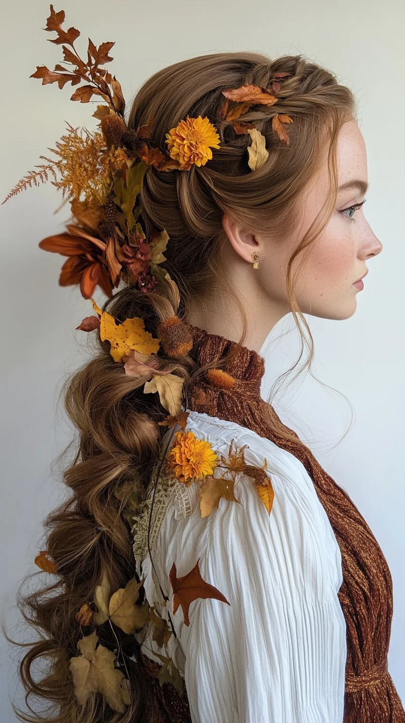 Embrace Nature: A Stunning Autumn-Inspired Hairdo with Floral Accents