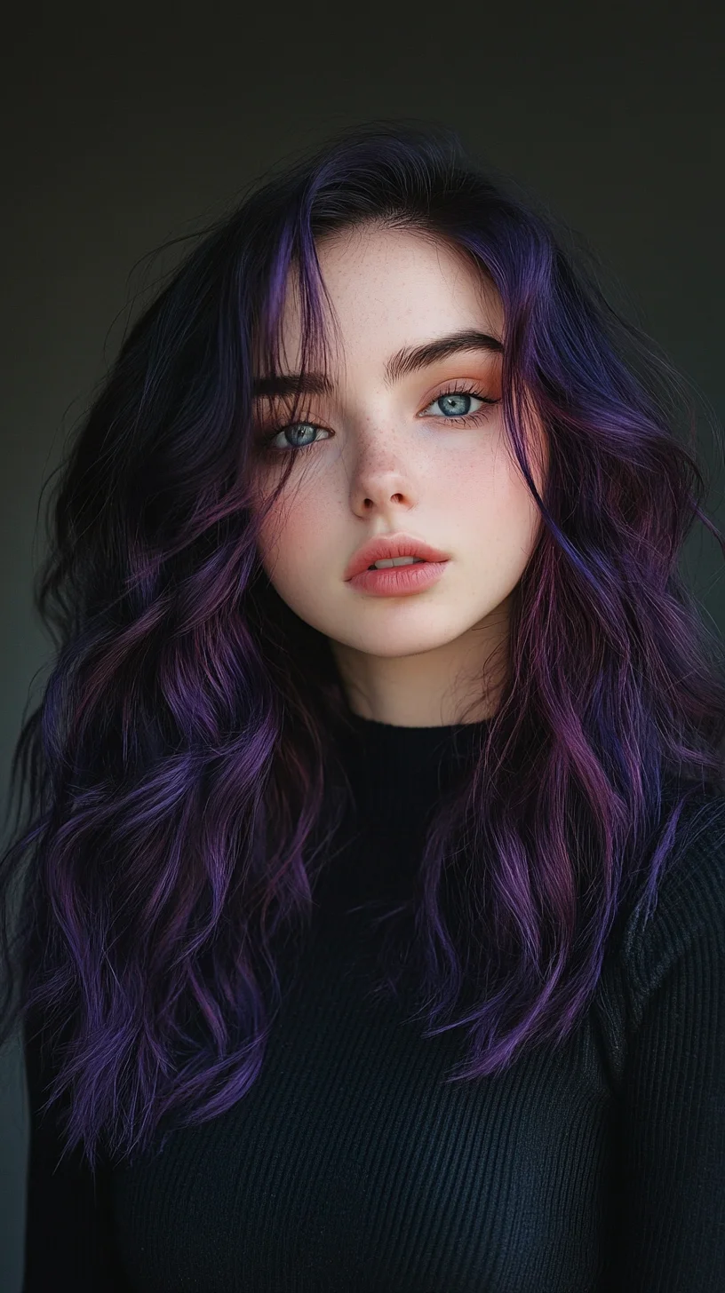 Embrace the Vibrant: Effortless Wavy Locks with Enchanting Purple Highlights