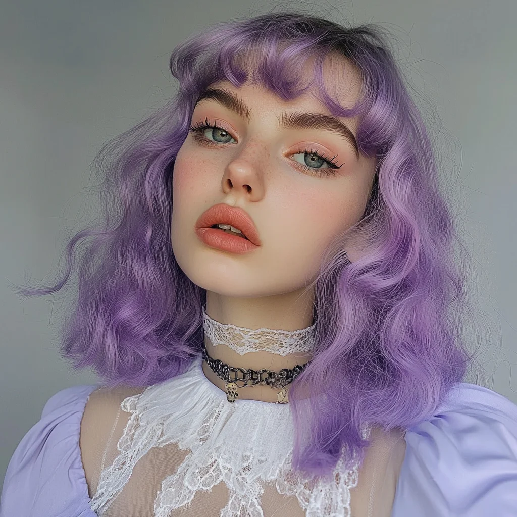 Embrace Your Inner Fairy with Soft Lavender Waves and Playful Bangs