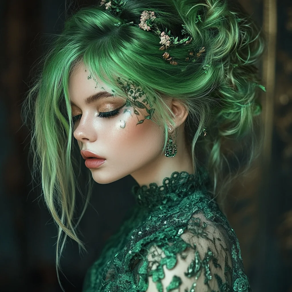 Enchanting Green Elegance: A Whimsical Updo Perfect for Any Occasion