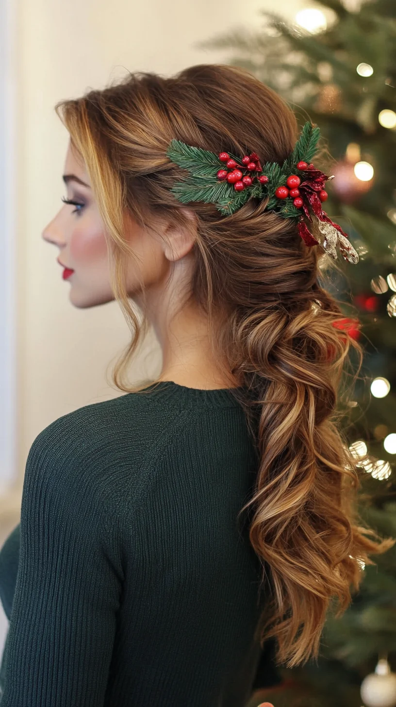 Festive Elegance: A Romantic Half-Up Hairstyle Adorned with Holiday Accents