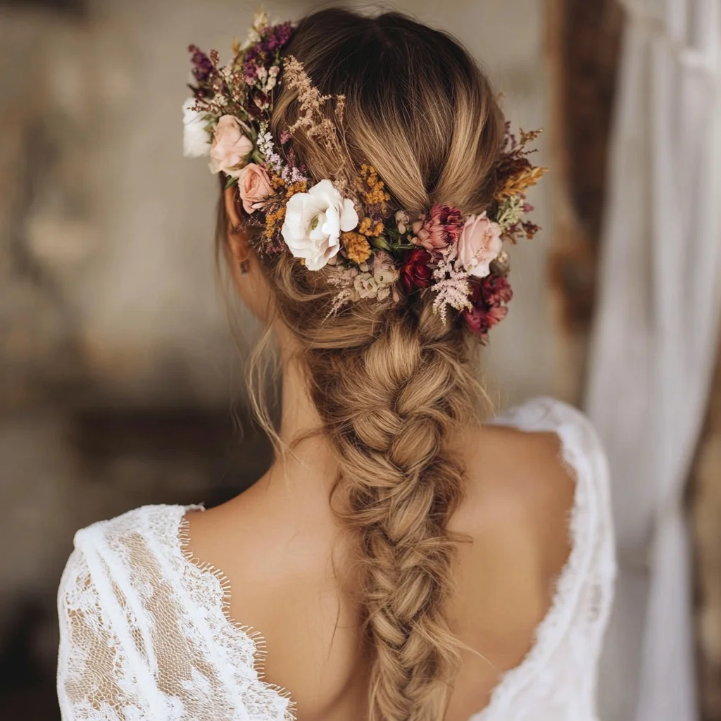 Romantic Braided Updo with Floral Accents for a Dreamy Look