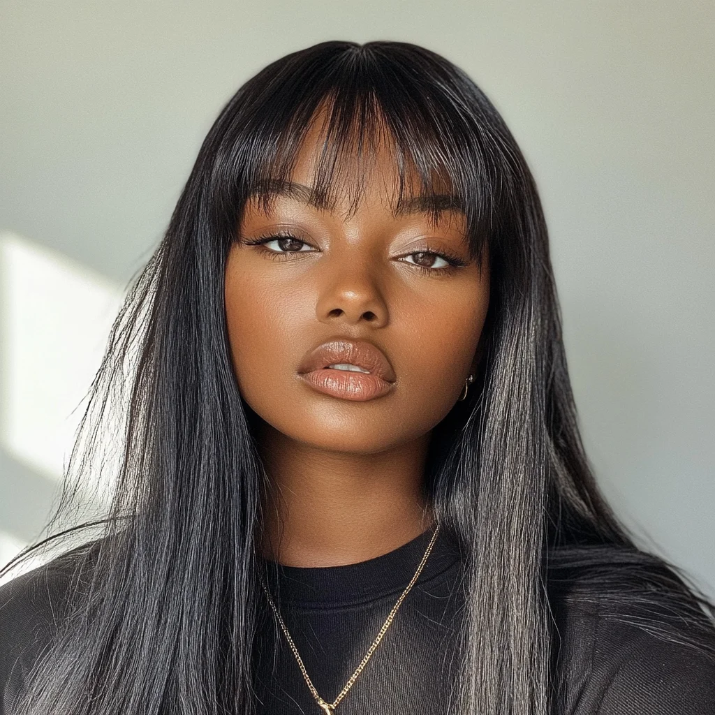 Sleek and Stylish: The Perfect Long Straight Hair with Bangs