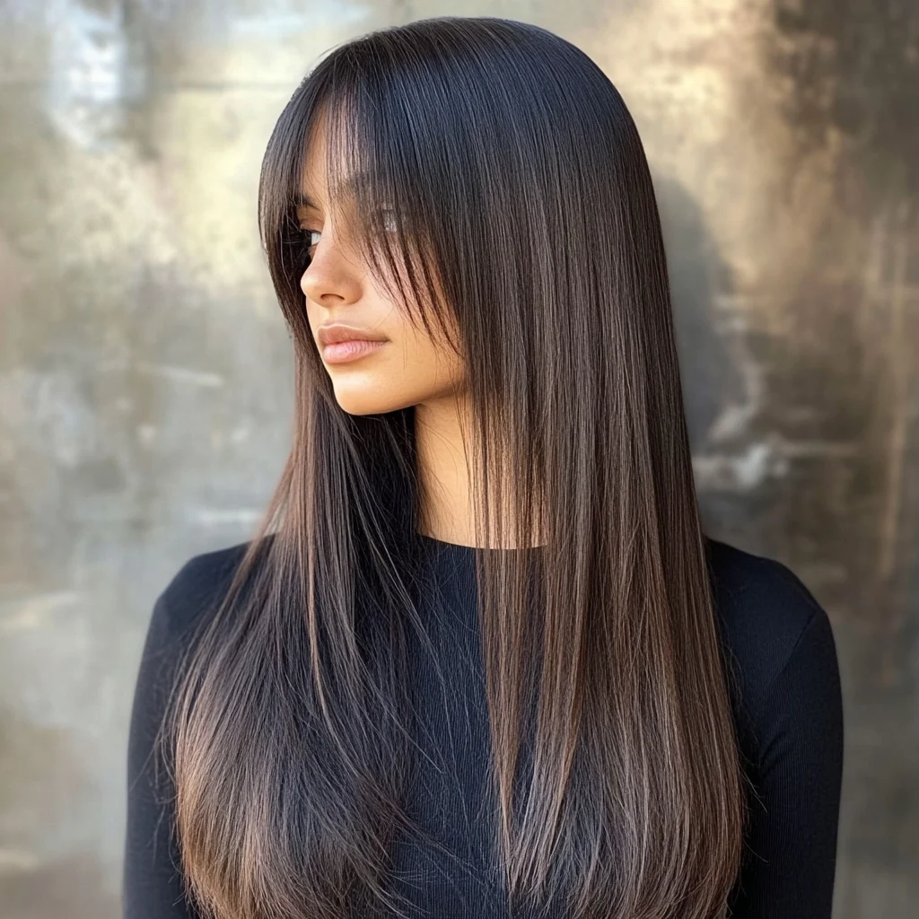 Sleek, Long Layers with Face-Framing Bangs for Effortless Elegance