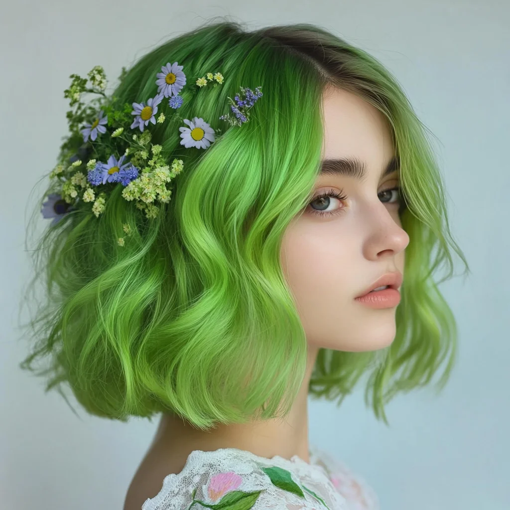 Vibrant Green Waves with Floral Accents: The Bold Statement Style